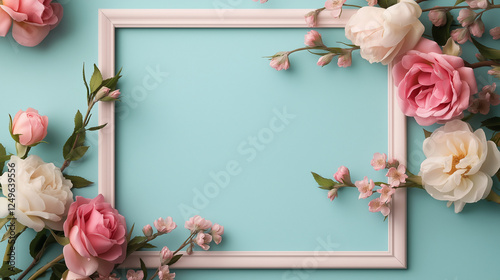 Romantic empty frame with roses on a pastel background – perfect for greeting cards, invitations, and decorative designs