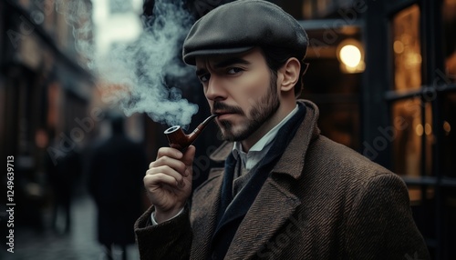 Fashionable Gangster: Vintage Style Man Dons Sherlock Holmes Look With Wooden Pipe In 1920s England Theme, Exuding Confidence And Style. Atmospheric Cosplay. photo