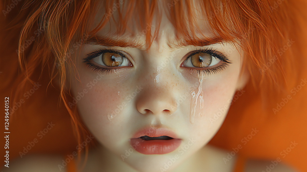 Fototapeta premium Emotional portrait of a girl with orange hair, capturing tears and a vivid expression of sadness