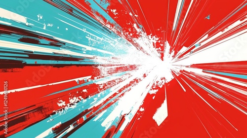 Abstract explosion of red, white, and cyan in dynamic digital composition
