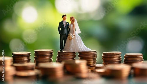 Achieving Financial Sustainability For A Wedding And Family Life: Saving And Planning For A Miniature Wedding On Rows Of Rising Coins.