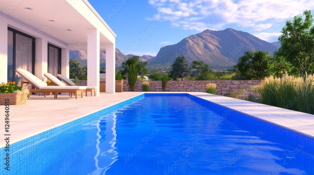 Fototapeta premium Serene modern villa with a pool overlooking majestic mountain and lush greenery in the background