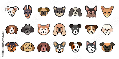Different type of pixel art dog faces vector in retro style for design.