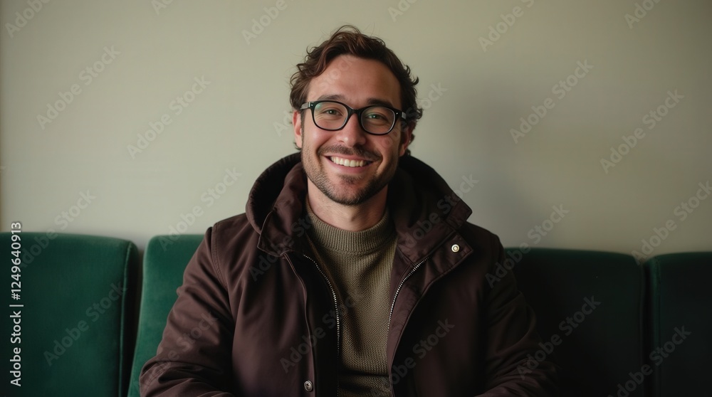 Fototapeta premium Man Smiles Warmly While Sitting on a Green Couch in a Cozy Indoor Setting