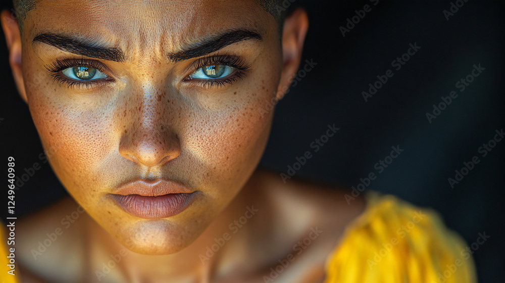 Young woman with striking features and captivating blue eyes gazes intensely at the viewer in natural light setting Young woman with striking features and captivating blue eyes gazes intensely at the viewer in natural light setting