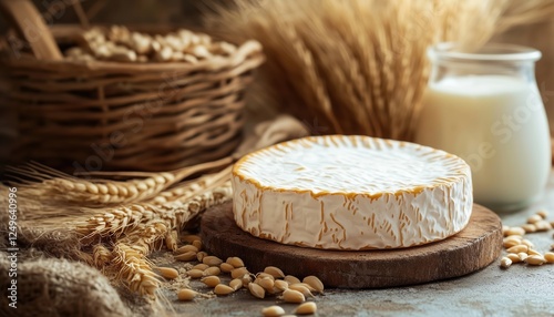 Symbols Of Judaic Holiday Shavuot: Tzfat Cheese, Milk, And Wheat Grains Captured In Selective Focus. Celebrating The Festival Of Shavuot. photo