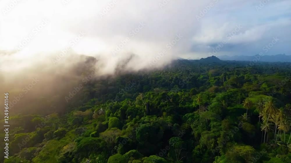 Immerse yourself in an aerial view of a tropical rainforest, where layers of green stretch to the horizon, mist rises, and sunlight highlights the dense ecosystem. Immerse yourself in an aerial view of a tropical rainforest, where layers of green stretch to the horizon, mist rises, and sunlight highlights the dense ecosystem.