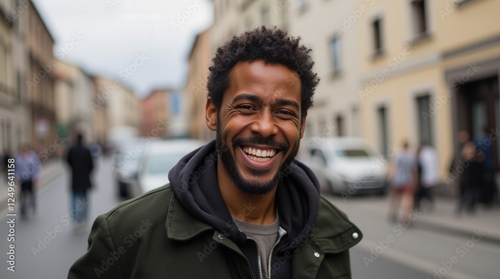 Smiling Man Walks Down Busy City Street With Cars and Pedestrians Around Him