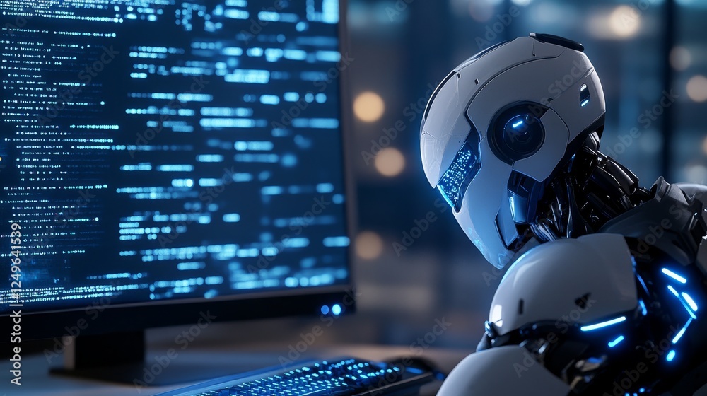 A futuristic humanoid robot sits at a sleek computer - A humanoid robot engages with advanced technology while analyzing data, symbolizing innovation, intelligence, connection, exploration A futuristic humanoid robot sits at a sleek computer - A humanoid robot engages with advanced technology while analyzing data, symbolizing innovation, intelligence, connection, exploration