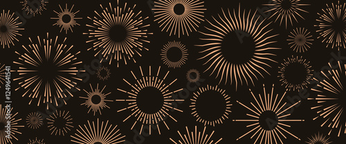 Fireworks background gold color style vector for holidays, party poster, carnival. Sunburst wallpaper. 10 eps