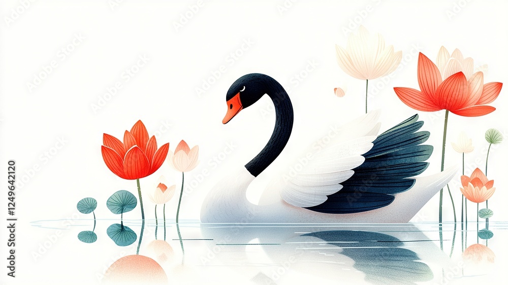Fototapeta premium Black-and-white Swan on Water with Red-and-White Flowers