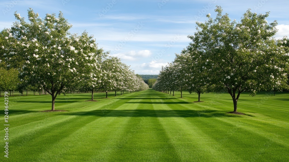 Springtime reveals a stunning apple orchard filled with white blossoms, a lush green path, and vibrant nature all around Springtime reveals a stunning apple orchard filled with white blossoms, a lush green path, and vibrant nature all around