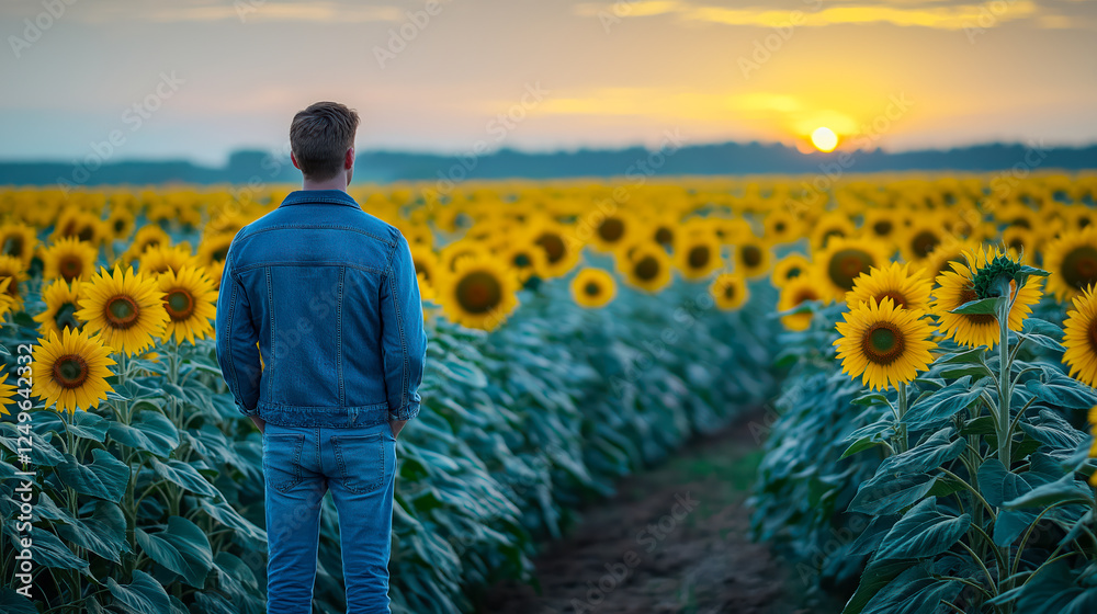 Fototapeta premium Contemplative figure admiring a vast field of sunflowers under a vibrant sunset sky.