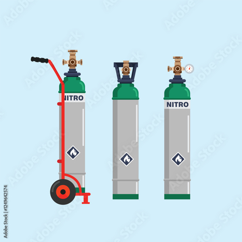 green gas cylinder tanks of various types, nitrogen bottle containers, hydrogen, propane and butane lpg gas cylinder fuel logo illustrations