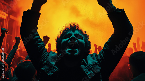 A man with curly hair and a denim jacket raises his fists and shouts passionately amidst a large crowd, silhouetted against a dramatic orange glow in a high-energy protest scene. photo