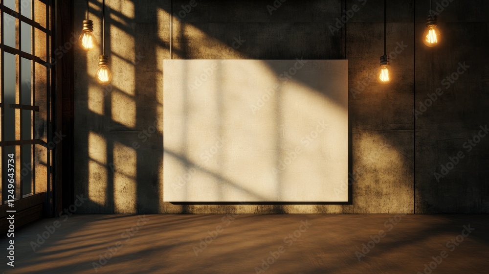 A blank canvas in a sunlit industrial room with hanging bulbs casting shadows on the wall A blank canvas in a sunlit industrial room with hanging bulbs casting shadows on the wall