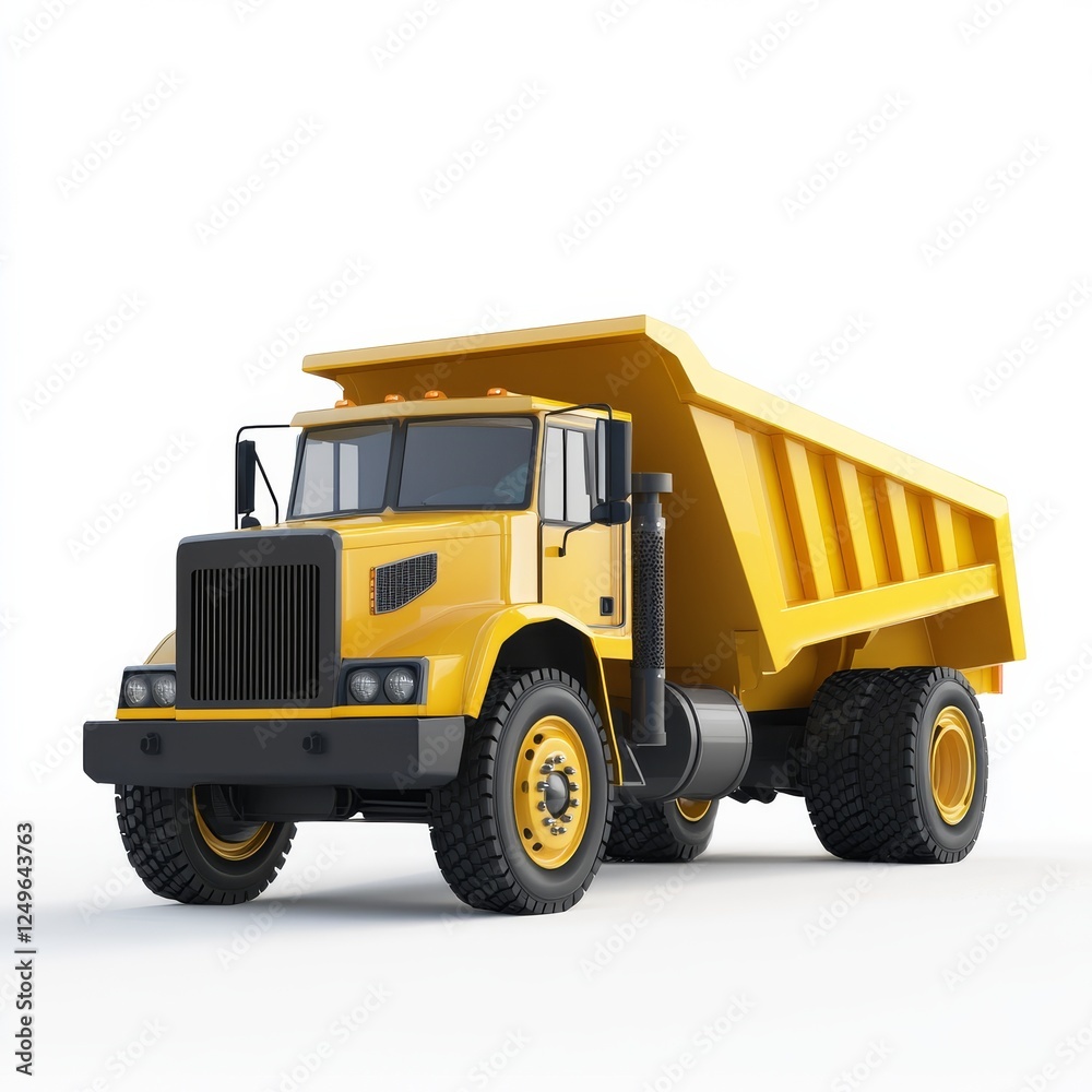 Dump truck 3D render icon on white background, representing construction transportation industries. Dump truck 3D render icon on white background, representing construction transportation industries.