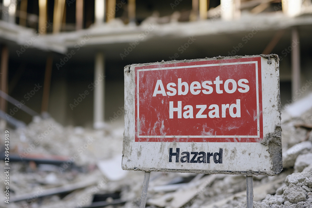 Fototapeta premium Asbestos Sign. Asbestos warning sign , Asbestos Hazard Signage Amidst Deteriorating Building Materials
