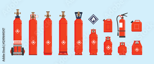 gas cylinder tanks of various types and sizes, nitrogen bottle containers, hydrogen, propane and butane lpg gas cylinder fuel logo illustrations