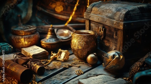 Golden artifacts and wooden chest suggest a pirate treasure hoard