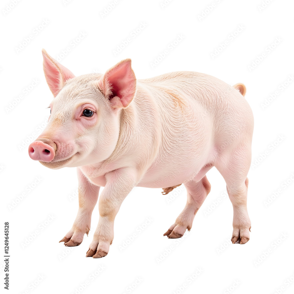 A cute pink piglet standing against a cut out background. A cute pink piglet standing against a cut out background.
