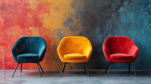 This image showcases three stylish, colorful chairs set against a vibrant wall, highlighting modern design elements and inviting comfort in a contemporary setting. photo