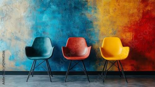 Three trendy chairs in distinct colors complement a beautiful abstract background, creating a perfect setting for modern interior design that captivates and inspires. photo