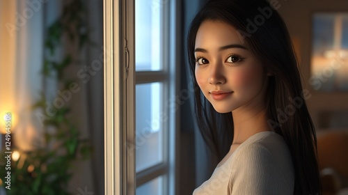 Free Download Female Teenager Opening Sliding Glass Door to Ventilate Her Bright Modern Home on a Sunny Day - GFXLoad
