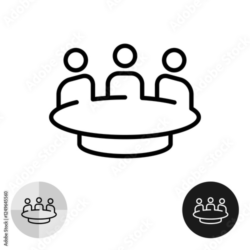 Three people sitting at the table committee or meeting line icon. Business meeting vector outline symbol. Teamwork concept logo. Adjustable stroke.