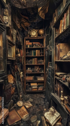 A dimly lit antique bookstore overflows with dusty old books photo