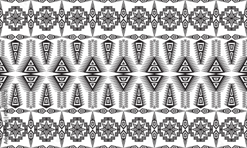 Aztec stylized print template for fabric and paper. Black and white seamless pattern with ethnic ornament and grunge effect. Tribal style background. Summer fashion, boho.