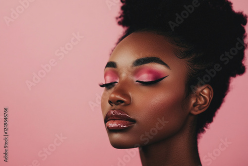 Black woman advertising cosmetics with bright burgundy makeup on a pink background.