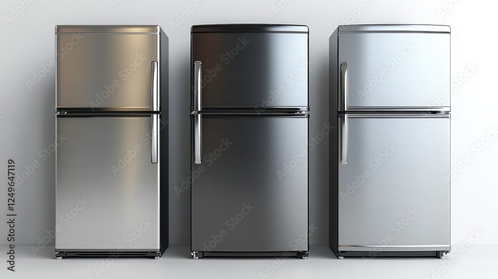 Three modern refrigerators in a row showcasing different finishes. Three modern refrigerators in a row showcasing different finishes.