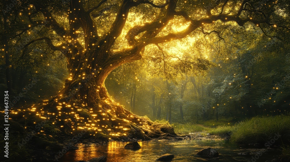 Enchanted forest, glowing tree, stream, fantasy Enchanted forest, glowing tree, stream, fantasy