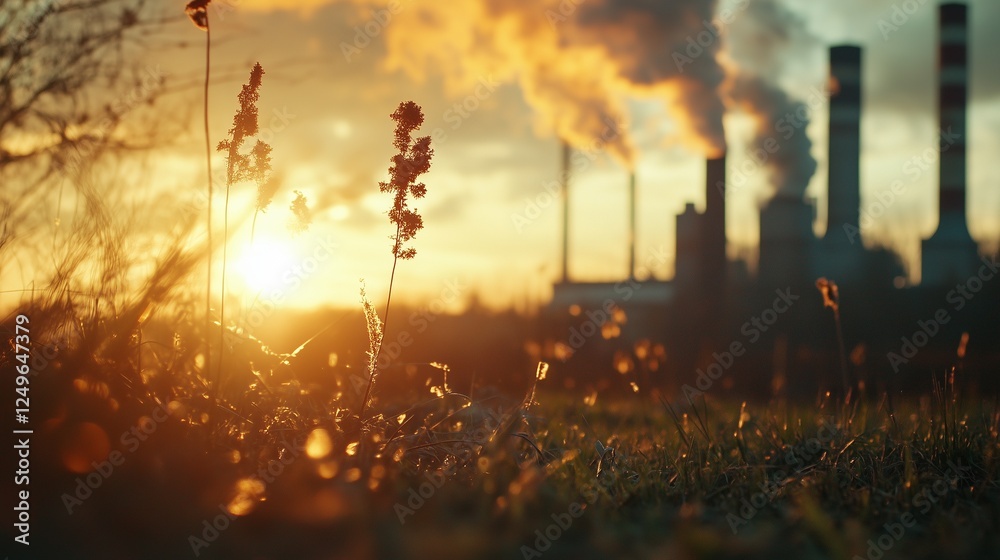 The sun is setting over a factory with smoke coming out of it. Health and environmental factors are factors that are important to corporate health. Concept of lifestyle business strategy criteria. The sun is setting over a factory with smoke coming out of it. Health and environmental factors are factors that are important to corporate health. Concept of lifestyle business strategy criteria.