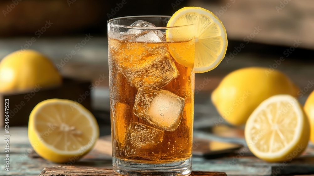 Refreshing lemon iced tea home kitchen beverage photography cozy atmosphere close-up view summer vibes Refreshing lemon iced tea home kitchen beverage photography cozy atmosphere close-up view summer vibes