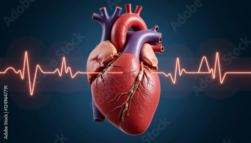 Detailed human heart illustration with ECG line, medical education