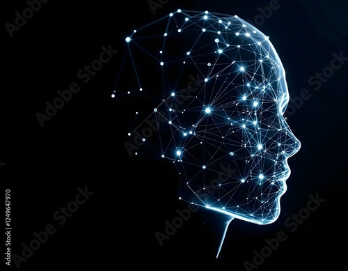 Futuristic digital human profile, glowing network nodes, constellation-like connections, dark background, blue luminescent lines