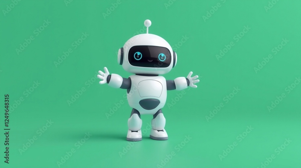A cute robot wants to hug, standing on green background. A cute robot wants to hug, standing on green background.