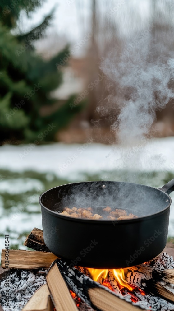 Steam and smoke rise from a black cauldron as it cooks food over an open flame in a lush garden during summer Steam and smoke rise from a black cauldron as it cooks food over an open flame in a lush garden during summer