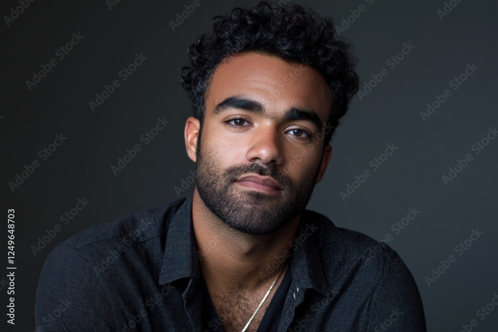 Fototapeta premium Portrait of a Young Man with Curly Hair Against a Dark Background