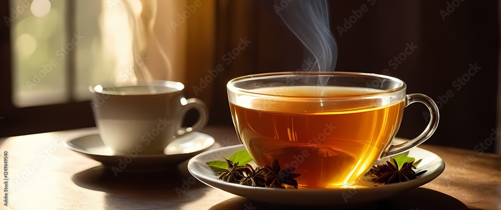 An inviting image of freshly brewed herbal tea served in a delicate cup enticing warmth and relaxation in cozy afternoons
