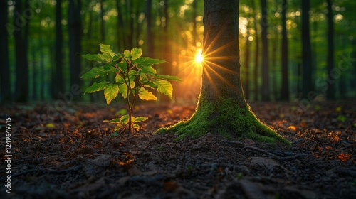 Sunrise forest sapling growth nature background