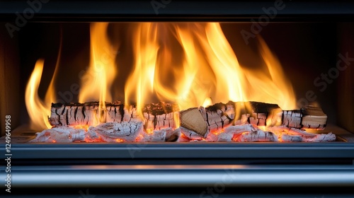 An open fire stove burns brightly, filling the room with warmth as meat bakes inside. Smoke drifts above, creating a cozy atmosphere photo