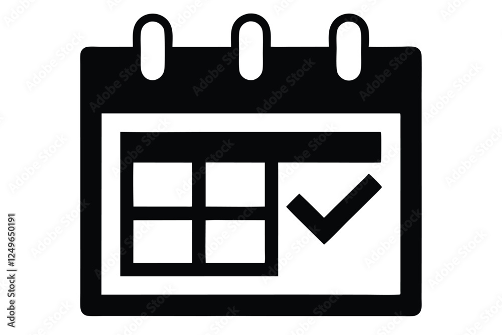 Calendar icon with a checkmark symbol on a white background Calendar icon with a checkmark symbol on a white background