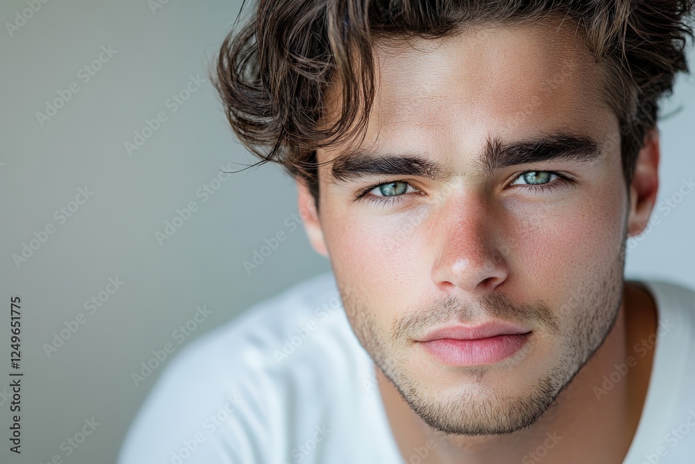 Close-Up Portrait of a Young Man with Striking Blue Eyes and Stylish Hair Close-Up Portrait of a Young Man with Striking Blue Eyes and Stylish Hair
