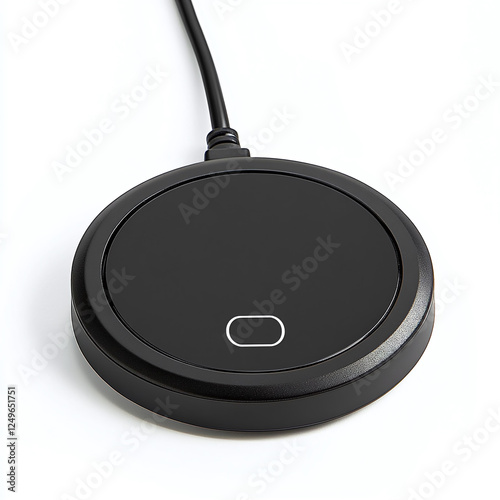 Black wireless charger for phone isolated on white background.