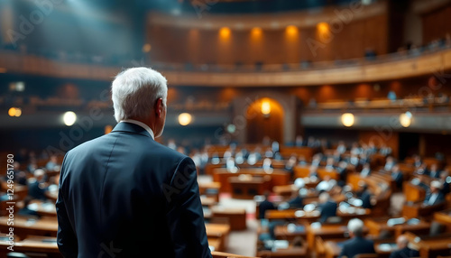 Senior politician addresses lawmakers in a grand parliamentary chamber with authority.