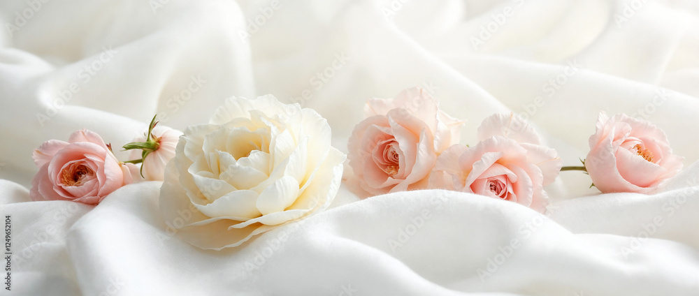 Elegant white silk fabric with of delicate flowers creating a soft, serene background texture. Elegant white silk fabric with of delicate flowers creating a soft, serene background texture.