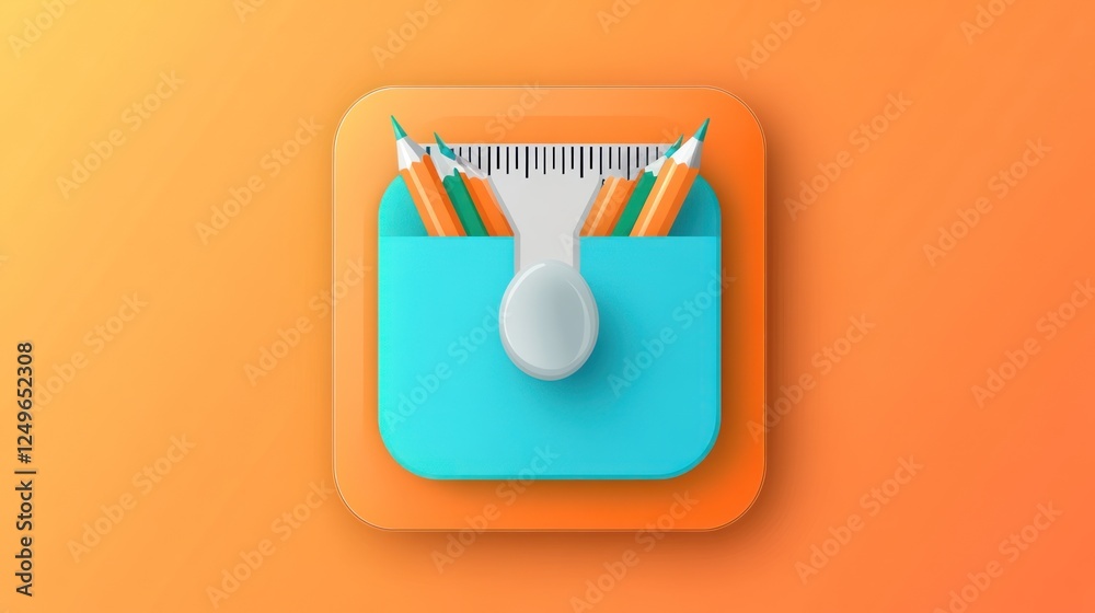 Colorful app icon with pencils and ruler in a teal pocket. Possible use Education, drawing, design, app promotion Colorful app icon with pencils and ruler in a teal pocket. Possible use Education, drawing, design, app promotion